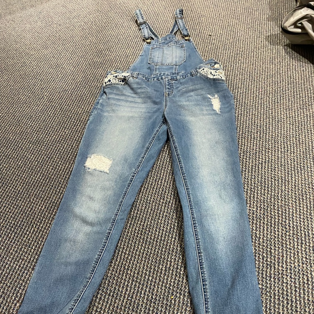 Justice lace embellished overalls. Size 18 MidRise Super Skinny. Distressed/lace - Picture 2 of 11